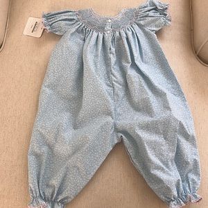 Petit Baby hand smocked by Anavini- Blue with pink and green flowers. Size 12m.